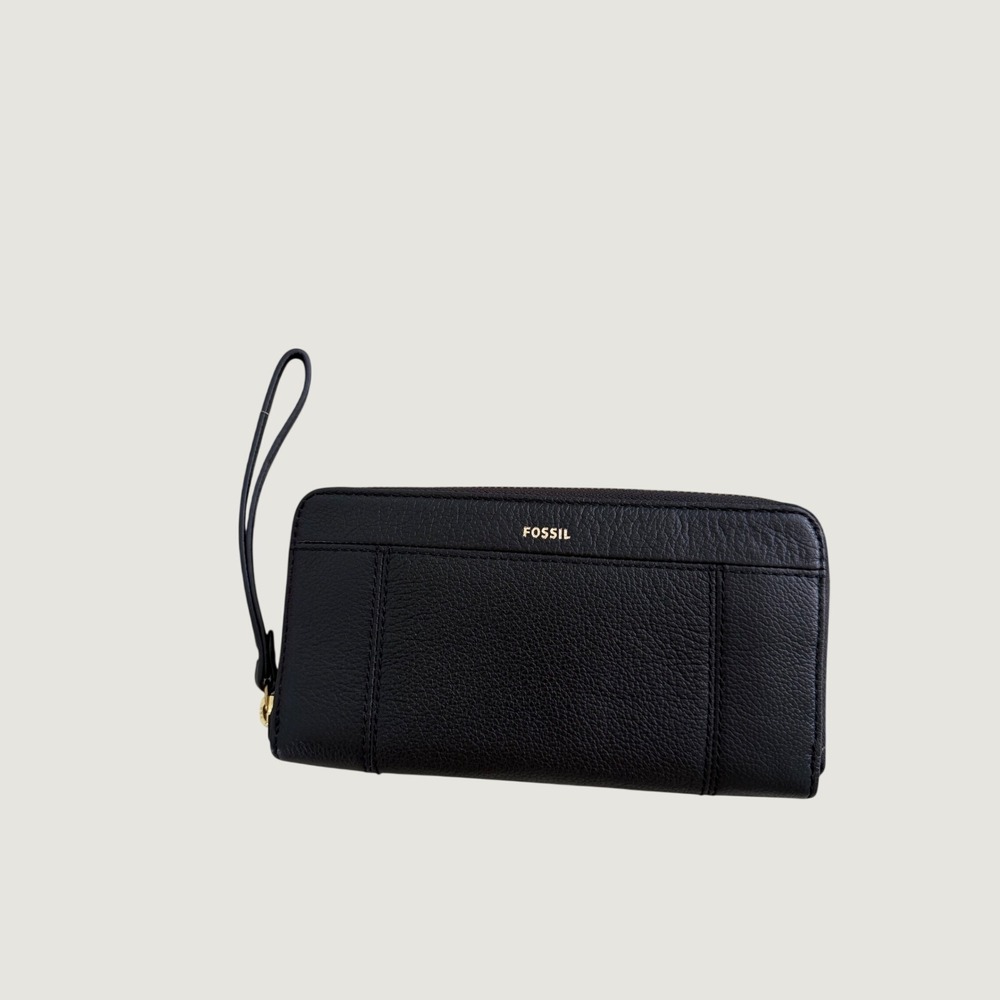 Fossil Black Pebbled Leather Zip Around Wallet Wristlet RFID Organizer NWOT